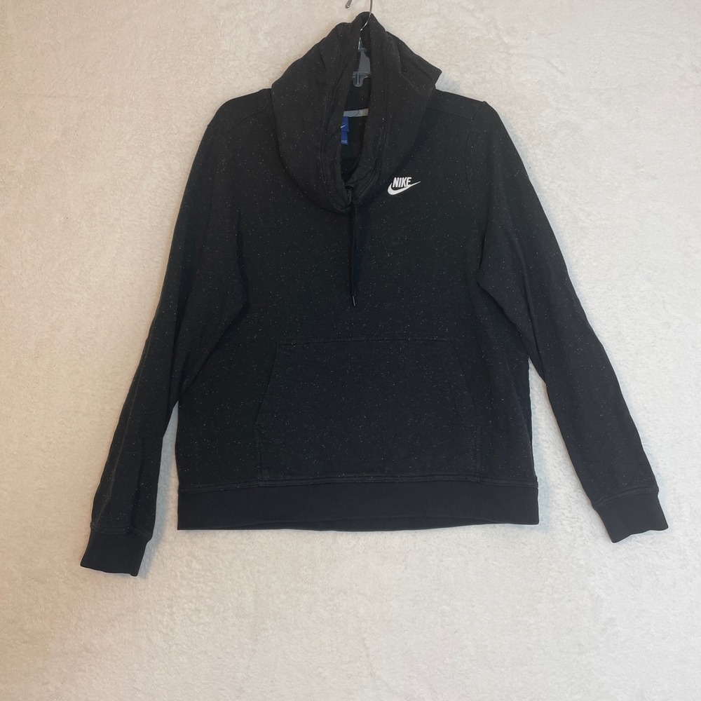 Nike Womens Funnel Neck Hoodie Black Speckled Fleece Pullover Sweatshirt Large